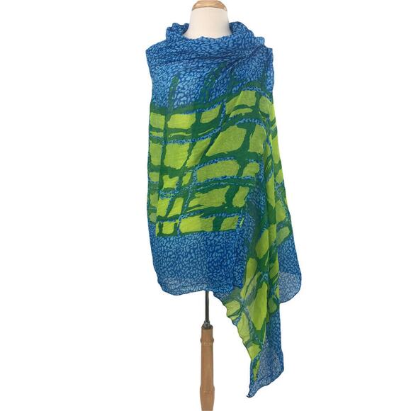 Scarf Womens Blue Green Pattern Rectangular Tropical Aloha Hawaiian Lightweight - Picture 1 of 7